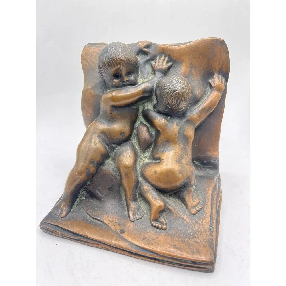 Vintage Bronze Copper ? Patina Metal Nude Cherub Boys In Open Book Bookend